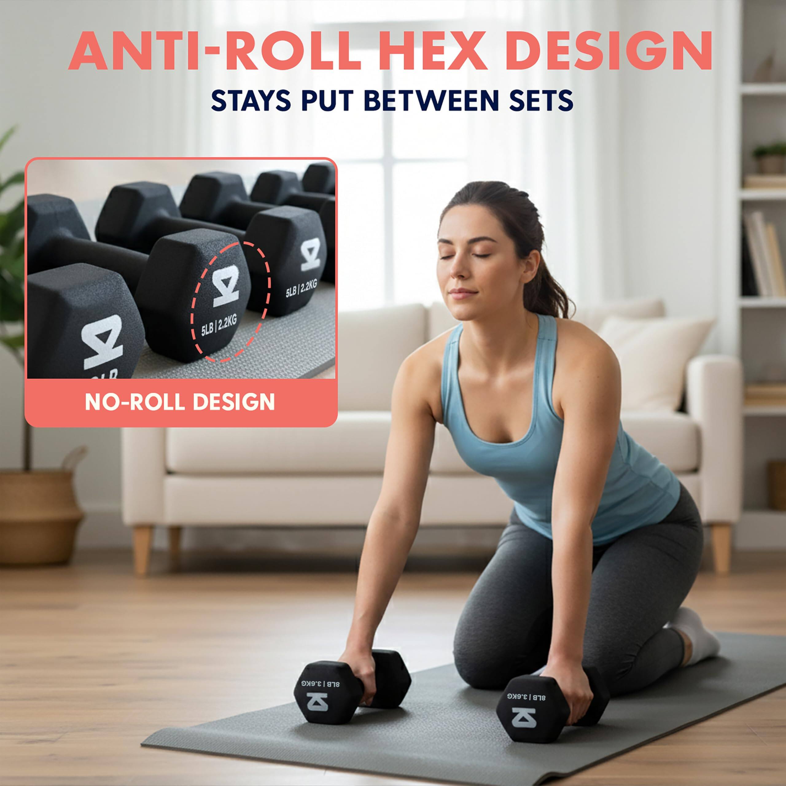 ANTI-ROLL HEX DESIGN  
STAYS PUT BETWEEN SETS  

NO-ROLL DESIGN  

5LB | 2.2KG  
3.4KG