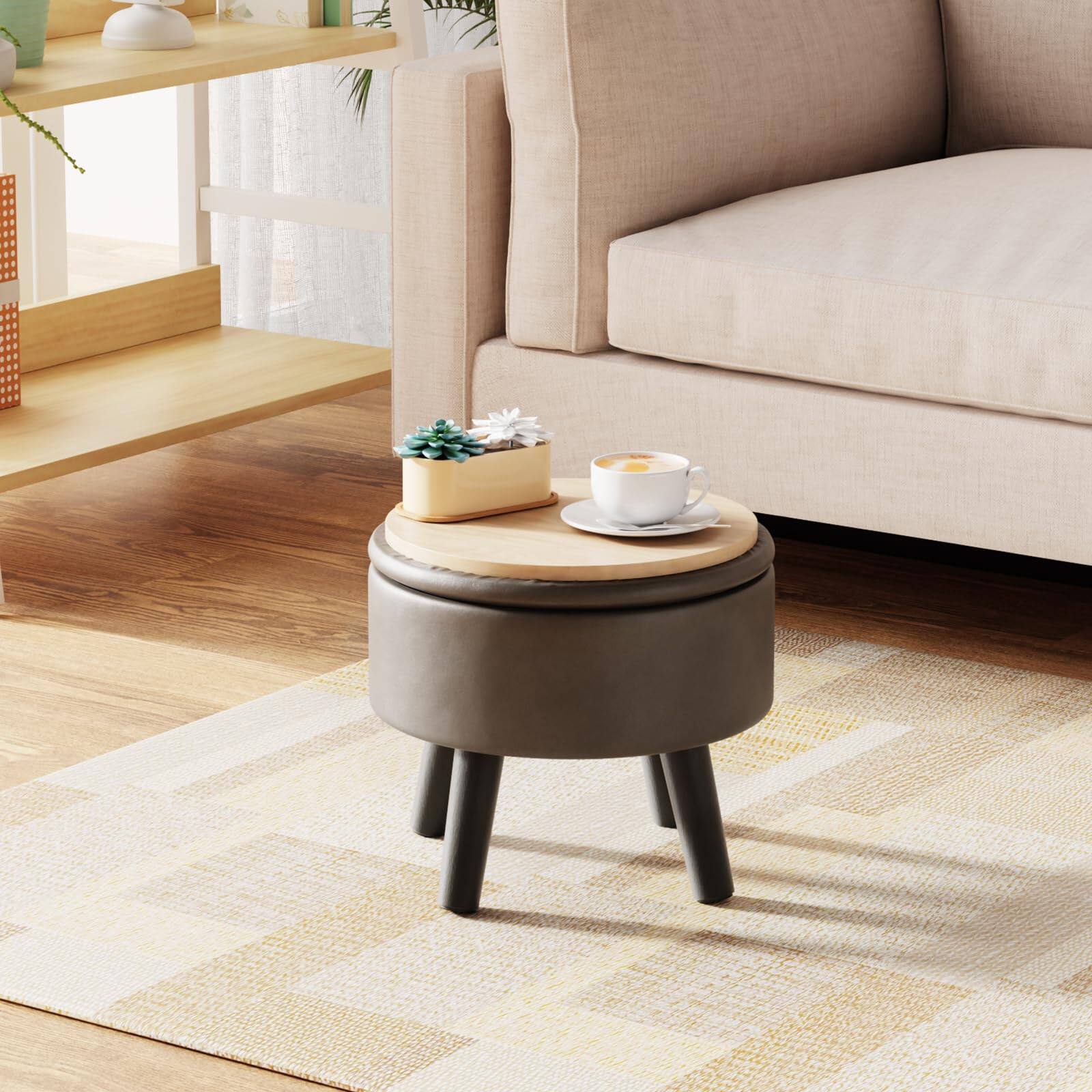 Alt View 3. Fabibe - Small Foot Stool Ottoman with Storage, Faux Leather Ottoman Foot Rest for Couch, Round Footstool Ottomans for Living... - Light Gray.