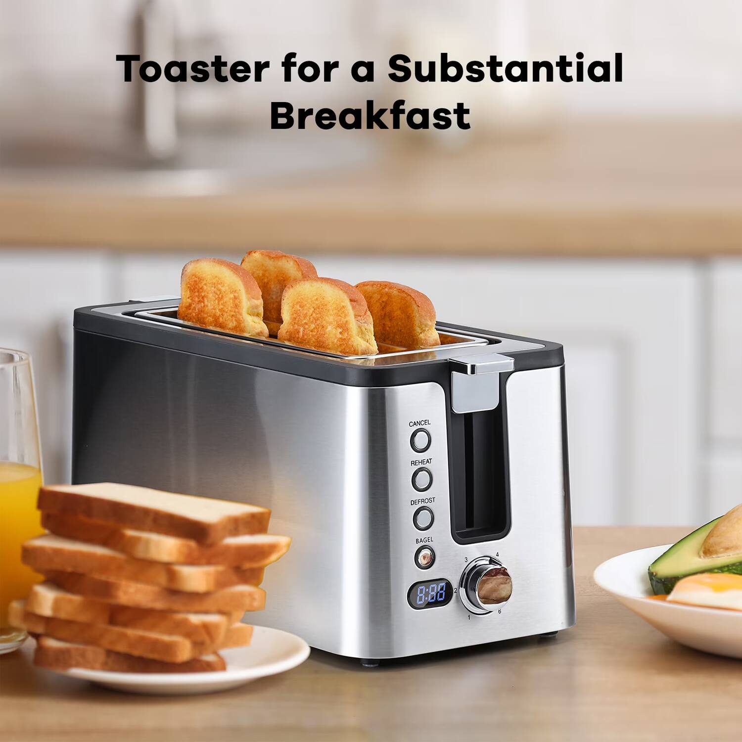 Toaster for a Substantial Breakfast

CANCEL O REHEAT O DEFROST
BAGEL
3
2 8:88
1
5