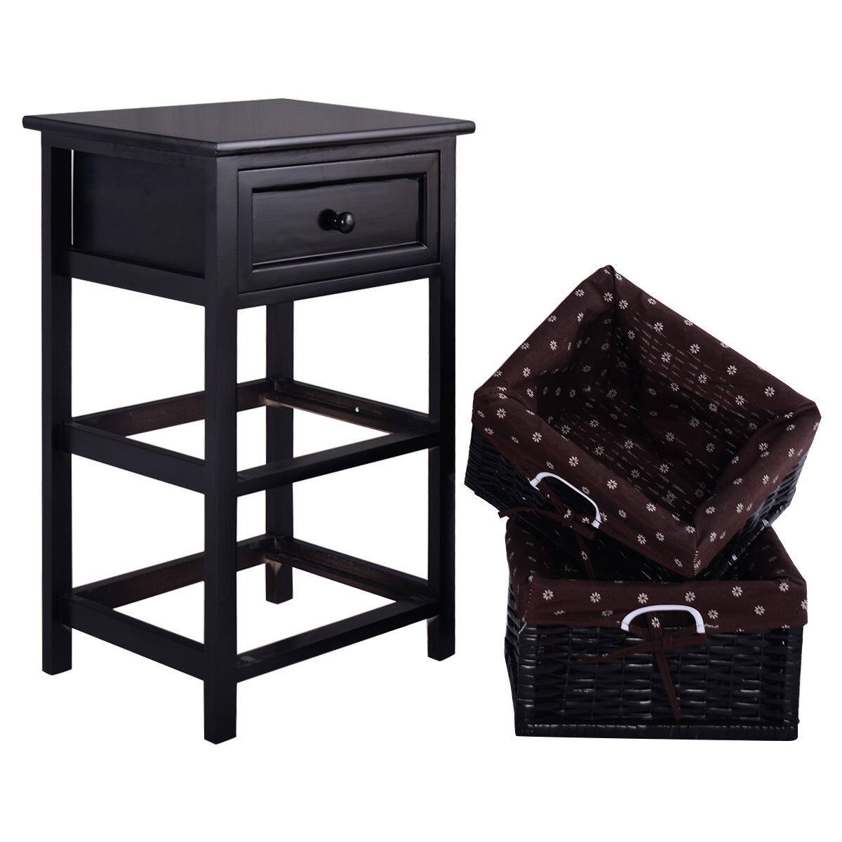 Alt View 5. Ecooso - 3-Tier Wooden Nightstand with Drawer and 2 Baskets Storage End Side Table for Bedroom - Black.