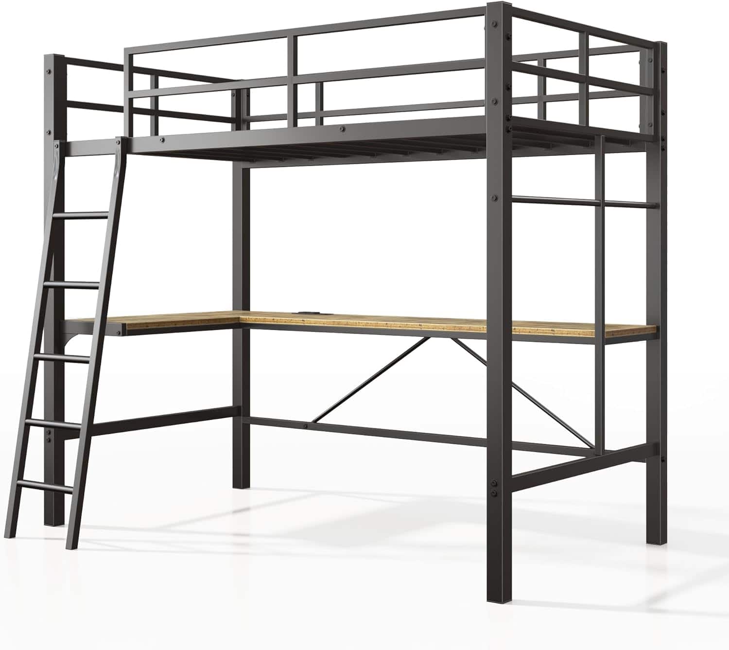 Decksplore - Loft Bed Twin Size with L-Shaped Desk, Heavy Duty Metal Twin Loft Bed - Black
