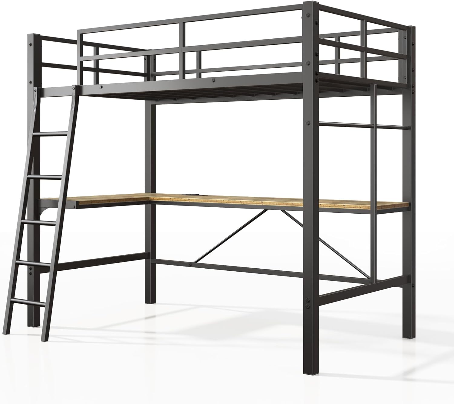 Decksplore - Loft Bed Twin Size with L-Shaped Desk, Heavy Duty Metal Twin Loft Bed - Black