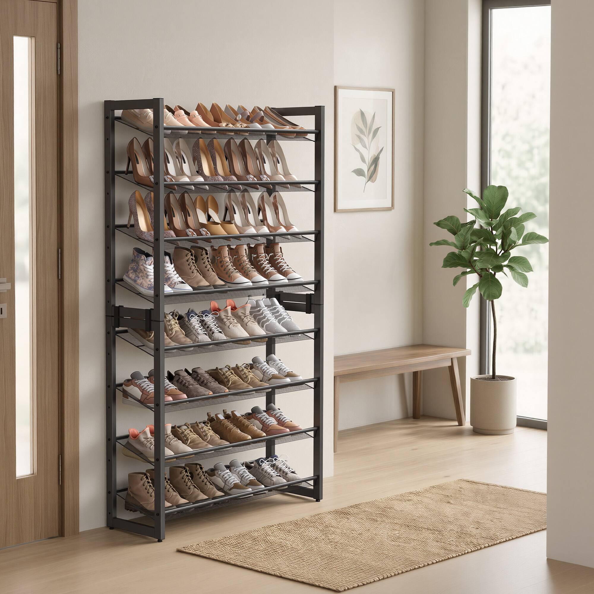 Angle. Songmics Home - Shoe Rack, 8-Tier Shoe Organizer, Metal Rack for Garage, Set of 2, 4-Tier Stackable Shelf - Charcoal Gray.