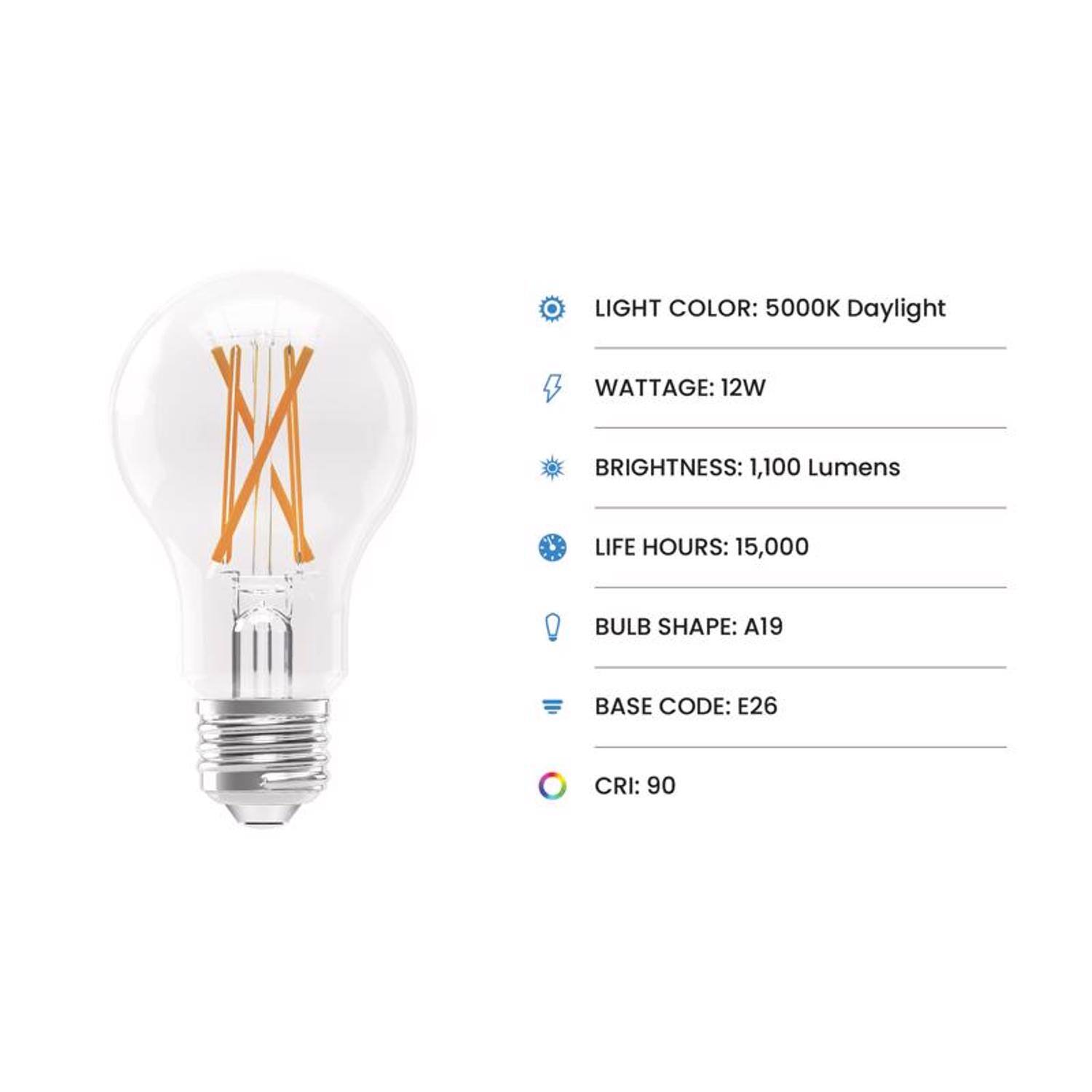 LIGHT COLOR: 5000K Daylight  
WATTAGE: 12W  
BRIGHTNESS: 1,100 Lumens  
LIFE HOURS: 15,000  
BULB SHAPE: A19  
BASE CODE: E26  
CRI: 90