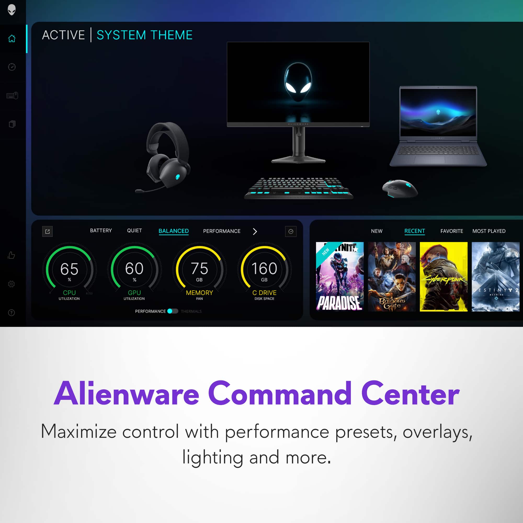 Alienware Command Center Maximize control with performance presets, overlays, lighting and more.