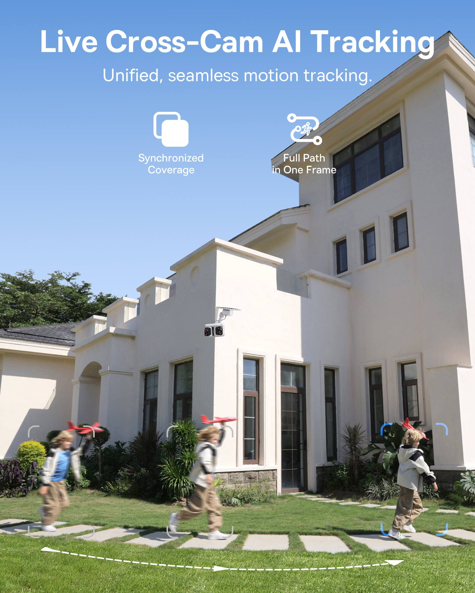 Live Cross-Cam AI Tracking  
Unified, seamless motion tracking.  
Synchronized Coverage  
Full Path in One Frame