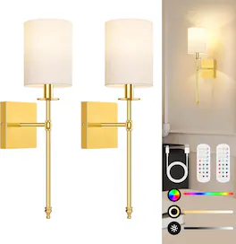 Nordic Hygge - 19.9 Inch Wall Sconces Battery Operated Set of 2, Rechargeable Wireless Wall Sconces Lights with Remote - Gold and White