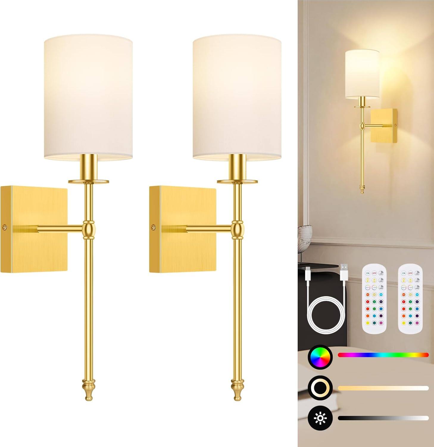 Front. Nordic Hygge - 19.9 Inch Wall Sconces Battery Operated Set of 2, Rechargeable Wireless Wall Sconces Lights with Remote - Gold and White.
