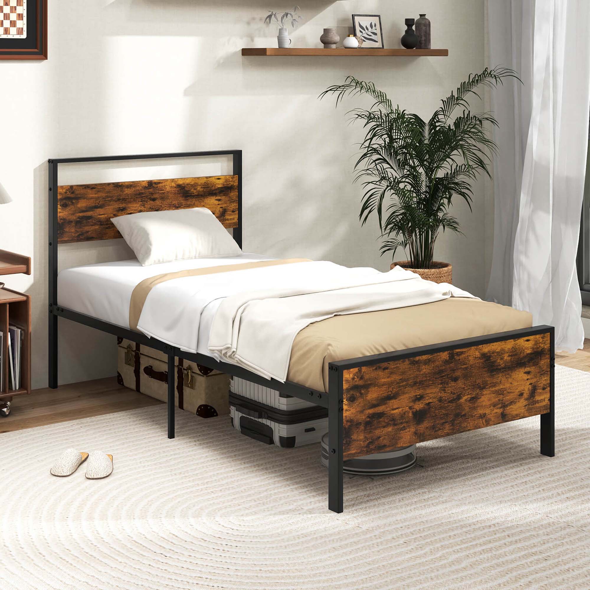 Alt View 6. Costway - Twin Size Bed Frame with Wooden Headboard and Footboard Under-Bed Storage - Brown.