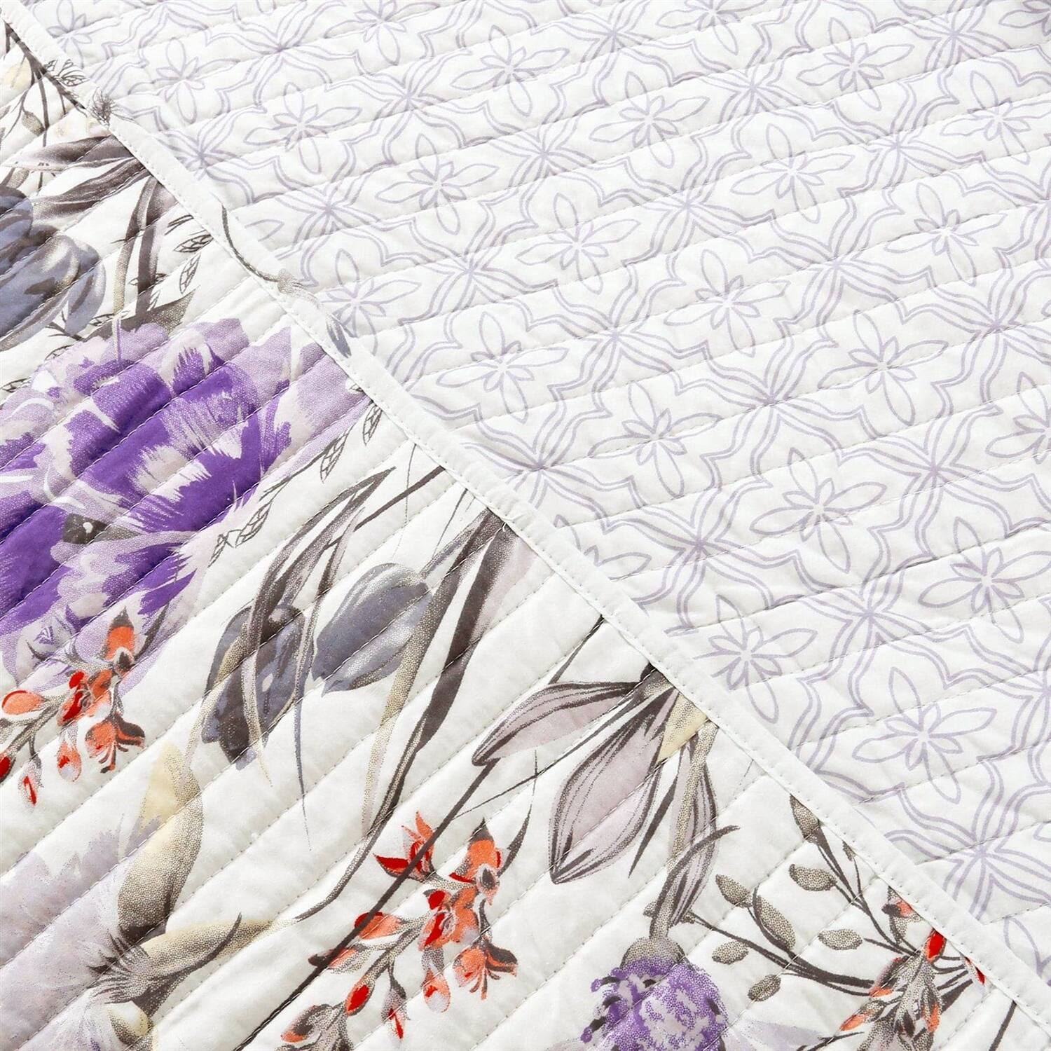 Back. Hivvago - Full/Queen Size Lightweight Purple Grey White Floral Quilt Set - Purple Grey White.