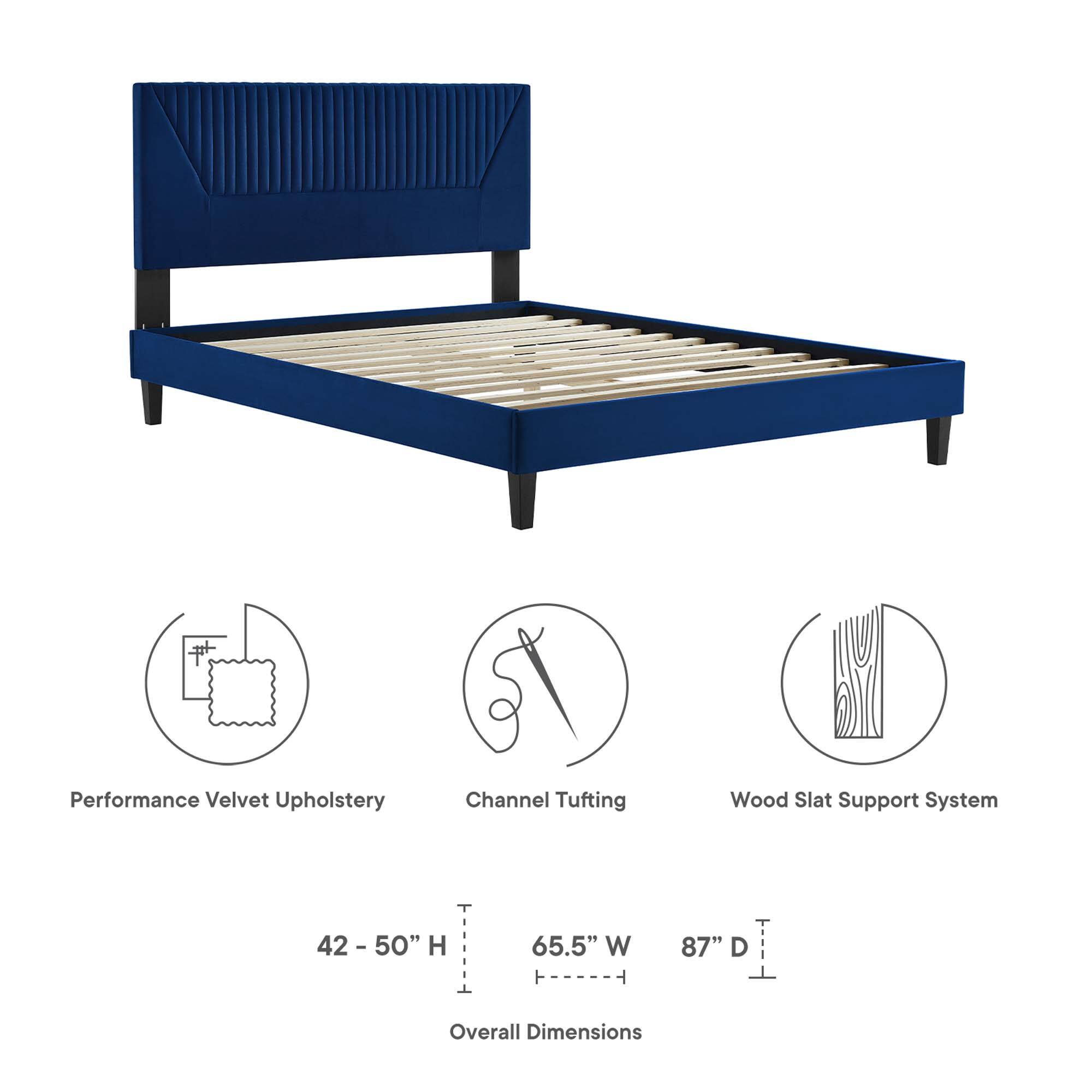 Performance Velvet Upholstery  
Channel Tufting  
Wood Slat Support System  

Overall Dimensions:  
42 - 50" H  
65.5" W  
87" D