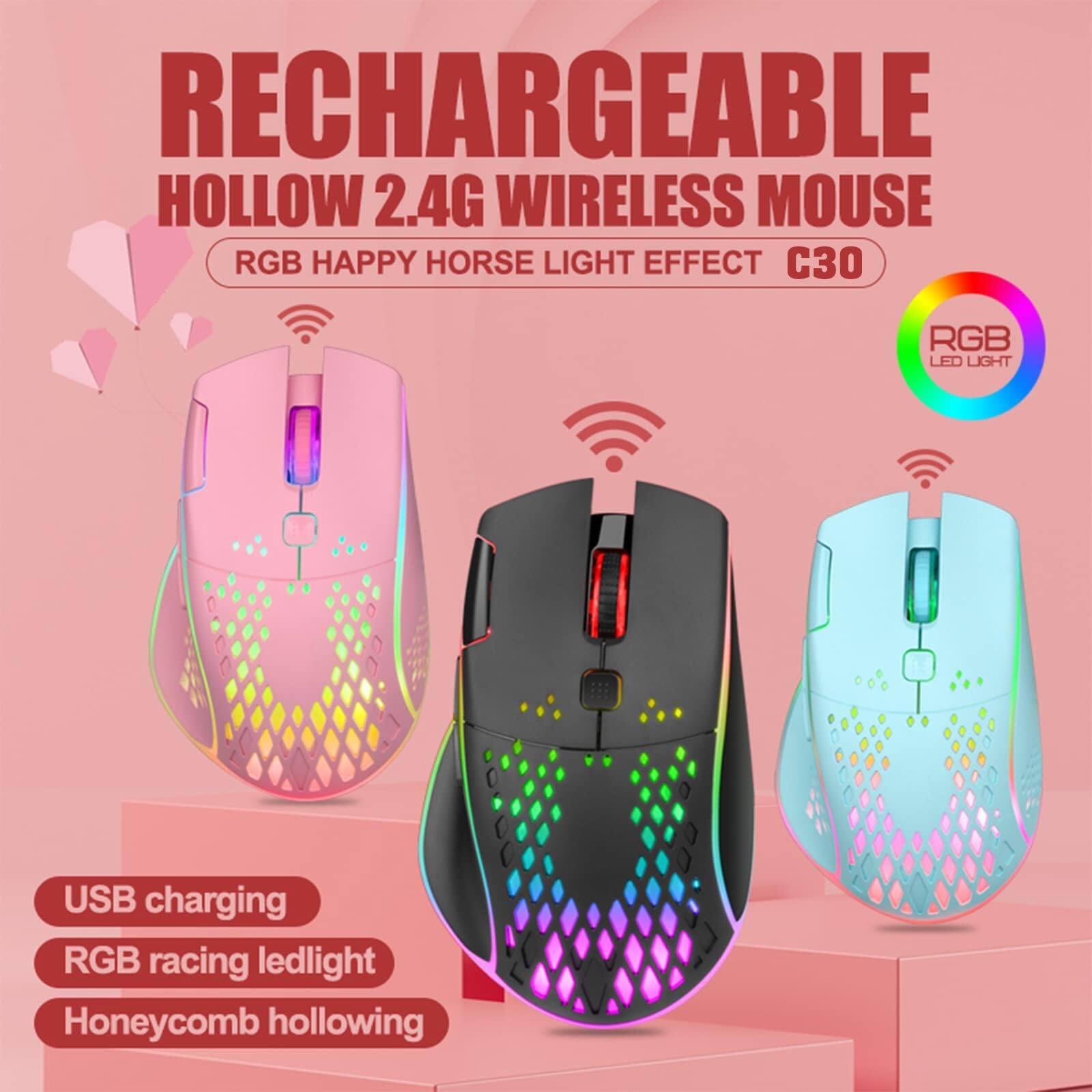 RECHARGEABLE  
HOLLOW 2.4G WIRELESS MOUSE  
RGB HAPPY HORSE LIGHT EFFECT C30  

USB charging  
RGB racing ledlight  
Honeycomb hollowing  

RGB LED LIGHT