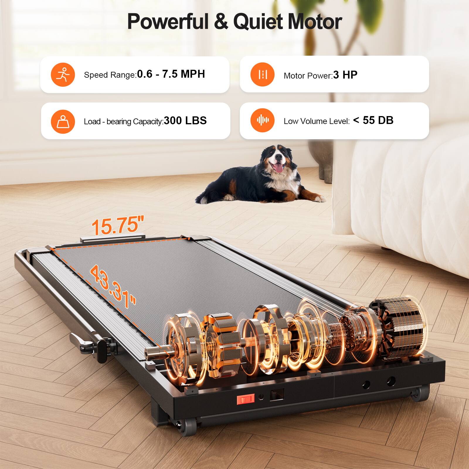 Powerful & Quiet Motor

- Speed Range: 0.6 - 7.5 MPH
- Motor Power: 3 HP
- Load-bearing Capacity: 300 LBS
- Low Volume Level: < 55 DB

15.75" x 43.31"