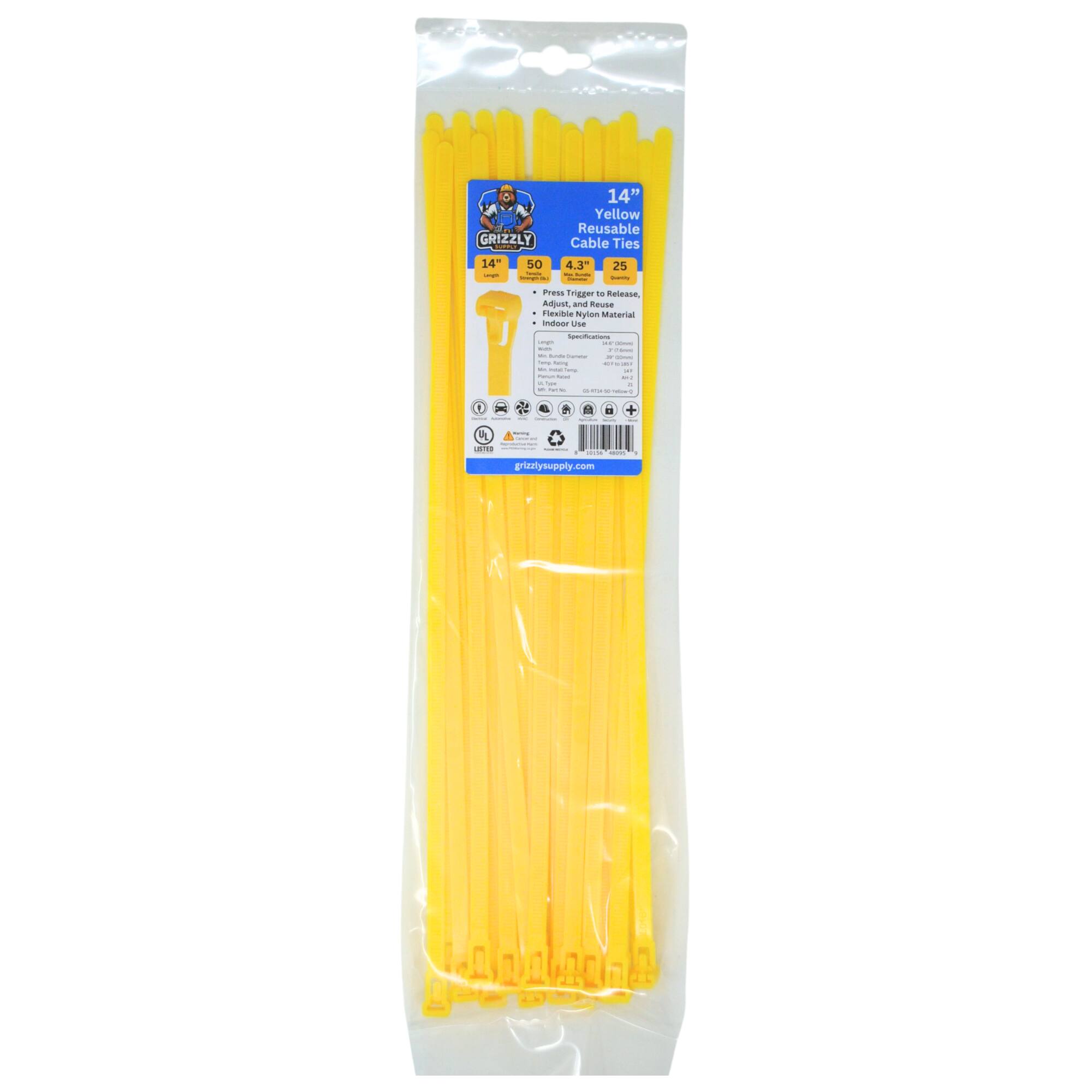 GRIZZLY | 14" 50 : - - 14" Yellow Reusable Cable Ties 4.3" 25 : - - - Press Trigger to Release, Flexible Nylon Material Indoor Use - - | | | - | - - | :  : I 1 : : - | I -  - - - - - - -   F 55 a E : | ee eie  - www.supply.com