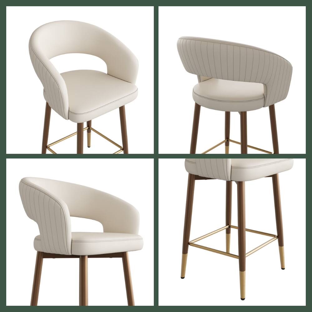 Alt View 1. POVISON - 26" Modern Cutout Back Counter Height Bar Stools Set of 2, Faux Leather Bar Chairs with Arms, Beige & Bronze - Beige & Bronze.