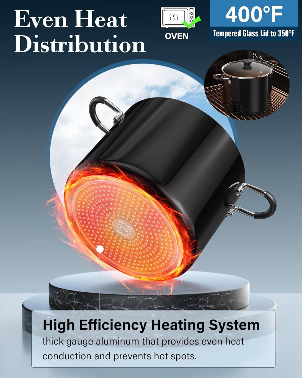 Even Heat Distribution

400°F

Tempered Glass Lid to 350°F

High Efficiency Heating System

thick gauge aluminum that provides even heat conduction and prevents hot spots.
