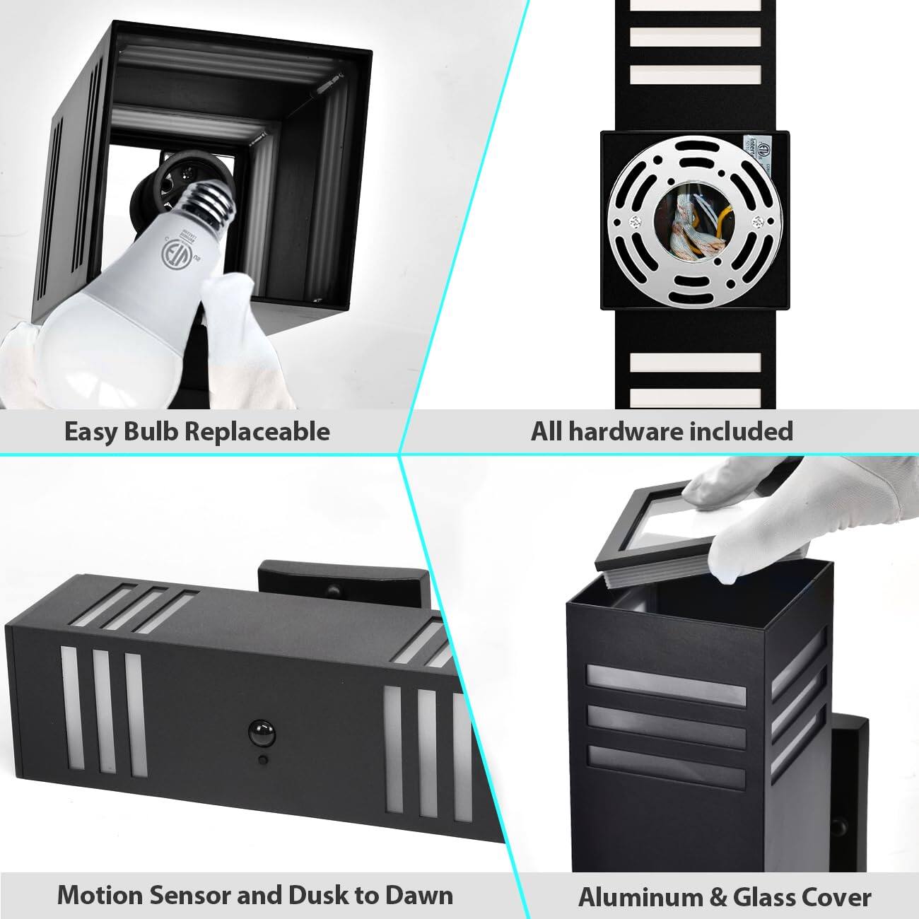 - Easy Bulb Replaceable
- All hardware included
- Motion Sensor and Dusk to Dawn
- Aluminum & Glass Cover