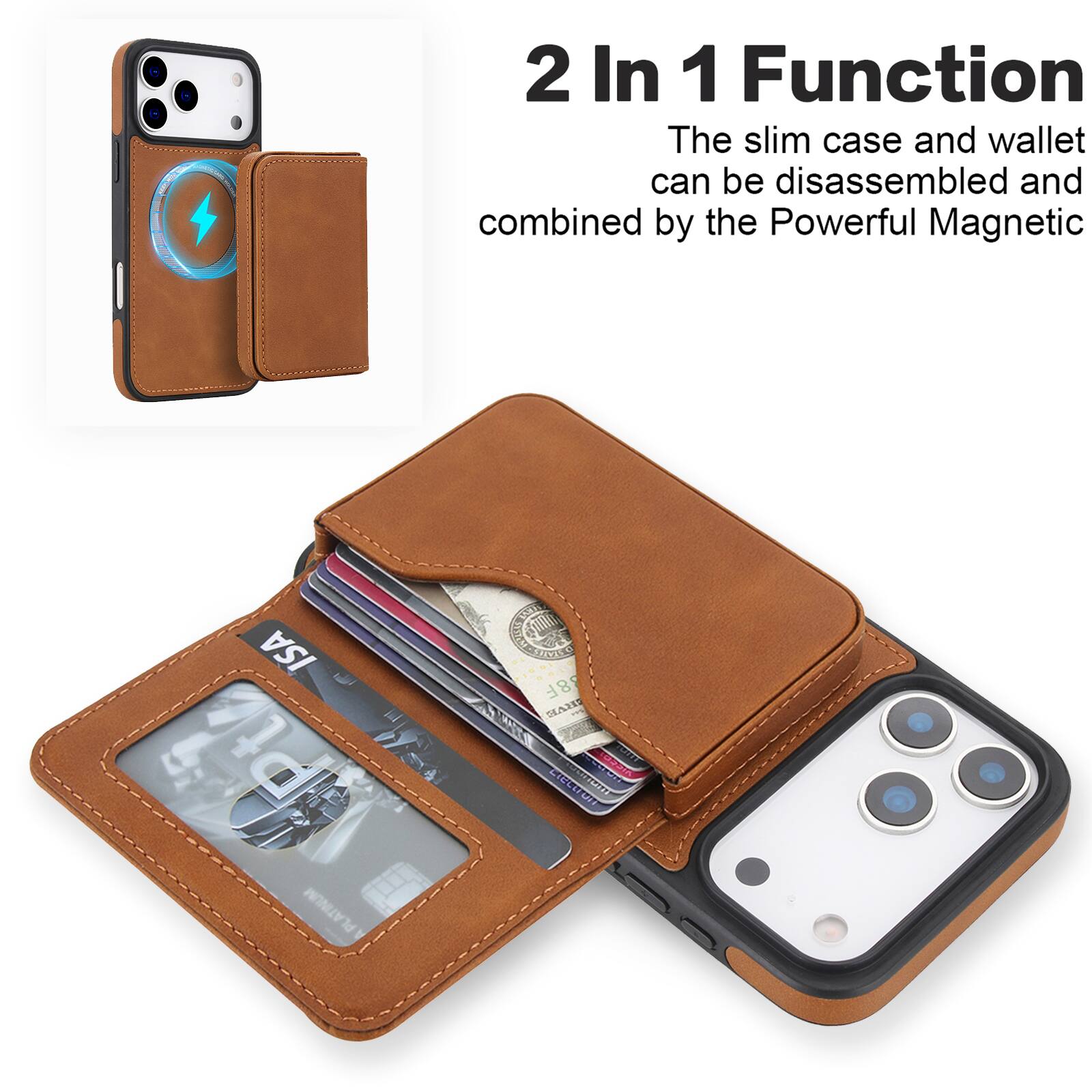 2 In 1 Function  
The slim case and wallet can be disassembled and combined by the Powerful Magnetic