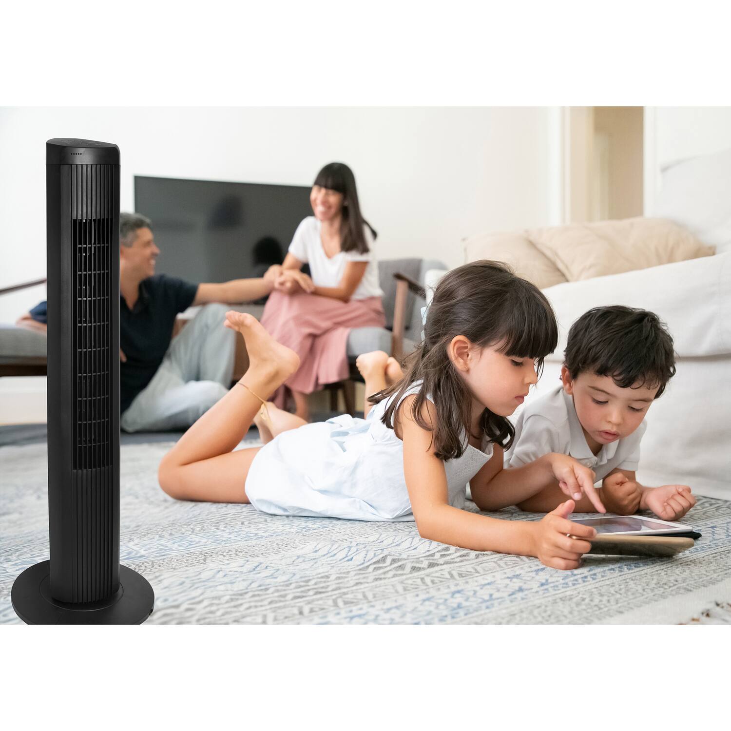 Back. Seasons Comfort - 40" Oscillating Tower Fan, Remote, Model FTW40B - Black.