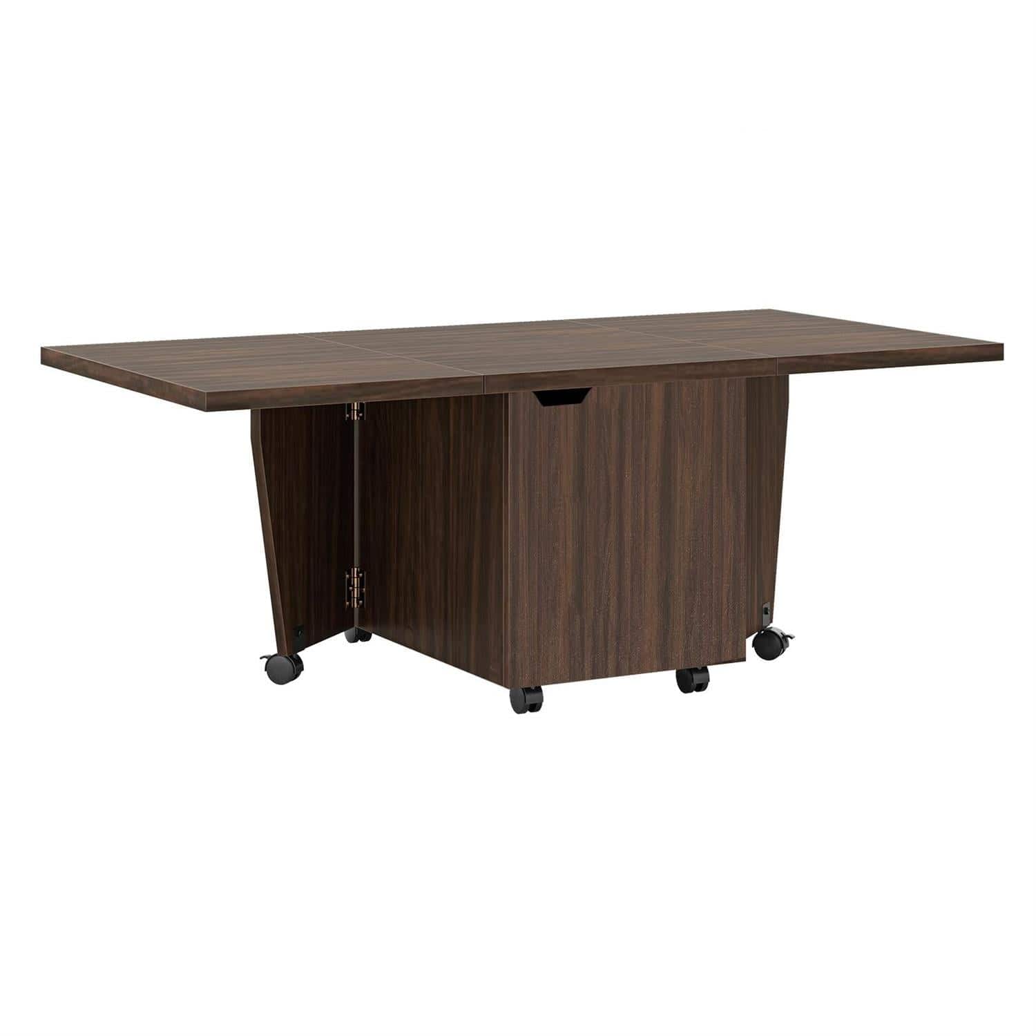 Pefilos - Foldable Coffee Table, Built-in Storage Cabinet, Extendable Tabletop, Lockable Mobility Wheels, Walnut - Brown