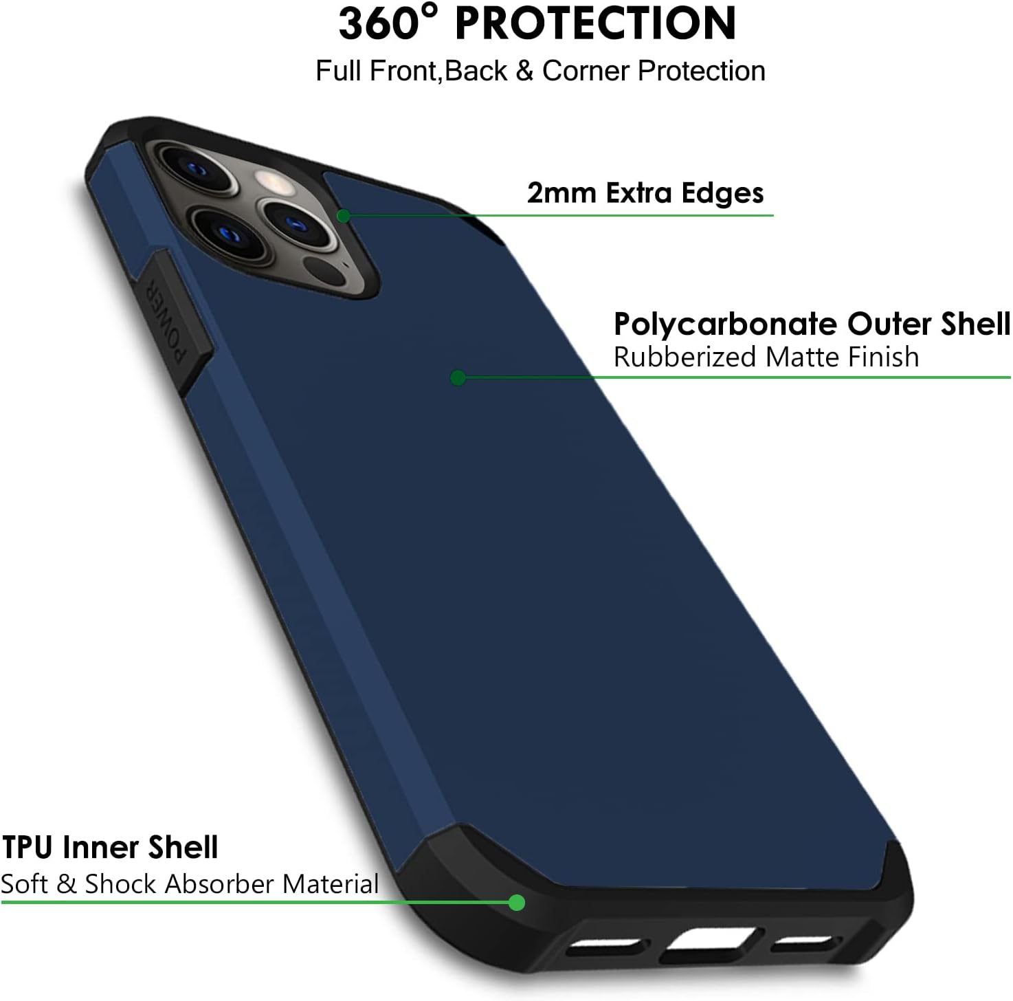 360° PROTECTION  
Full Front, Back & Corner Protection

2mm Extra Edges

Polycarbonate Outer Shell  
Rubberized Matte Finish

TPU Inner Shell  
Soft & Shock Absorber Material