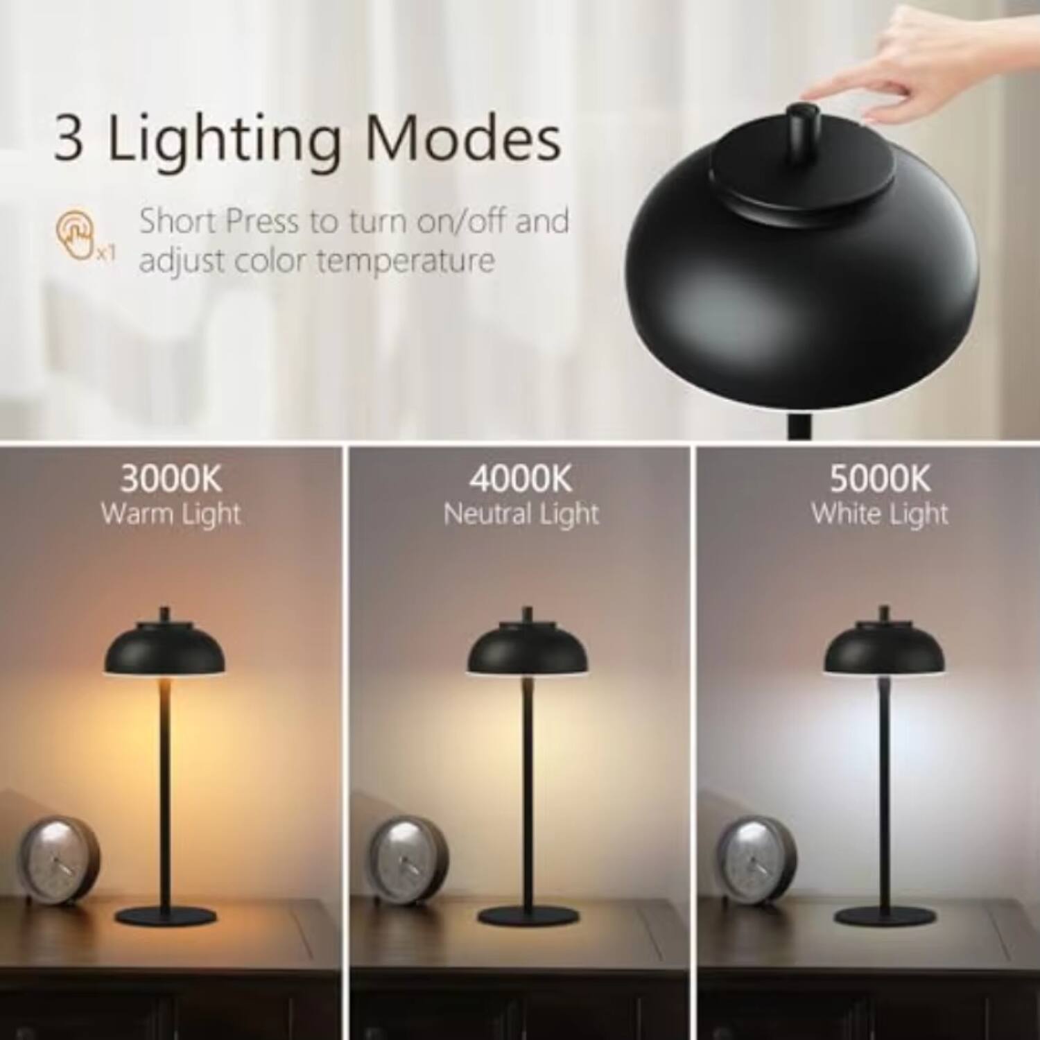 3 Lighting Modes  
Short Press to turn on/off and adjust color temperature  
3000K Warm Light  
4000K Neutral Light  
5000K White Light
