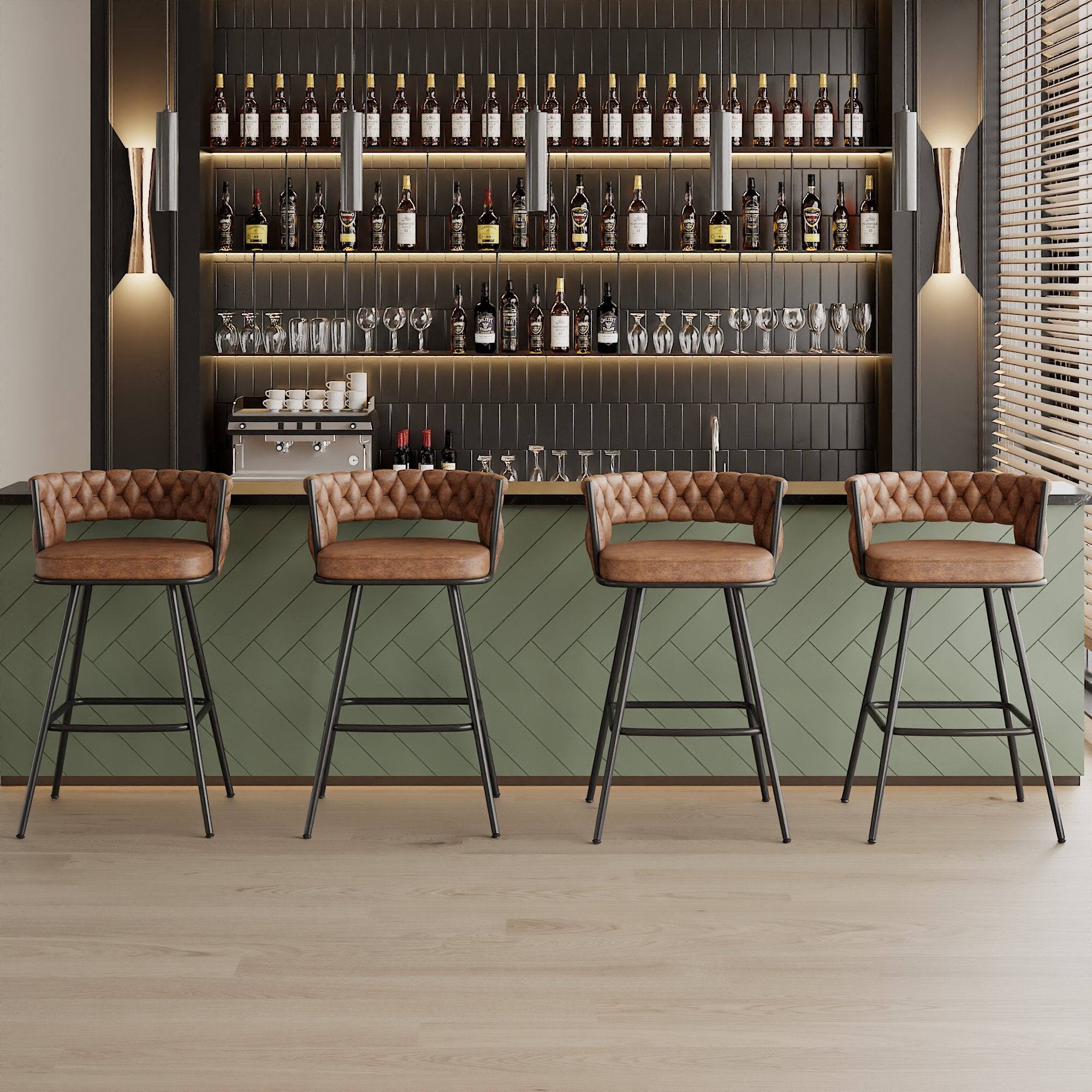 Alt View 3. Vecelo - Set of 2 Brown PU Leather Bar Stool with Electroplated Metal Frame – 34-Inch Tall Bar Chair with Footrest - Brown.