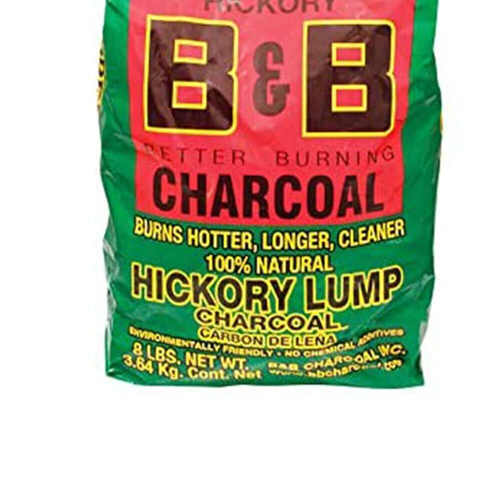 HICKORY B&B BETTER BURNING CHARCOAL BURNS HOTTER, LONGER, CLEANER 100% NATURAL HICKORY LUMP CHARCOAL CARBON DE LENA CARBON FRIENDLY NO CHEMICAL ADDITIVES 8 LBS. NET WT. 3.64 Kg. www.hboharowel.com