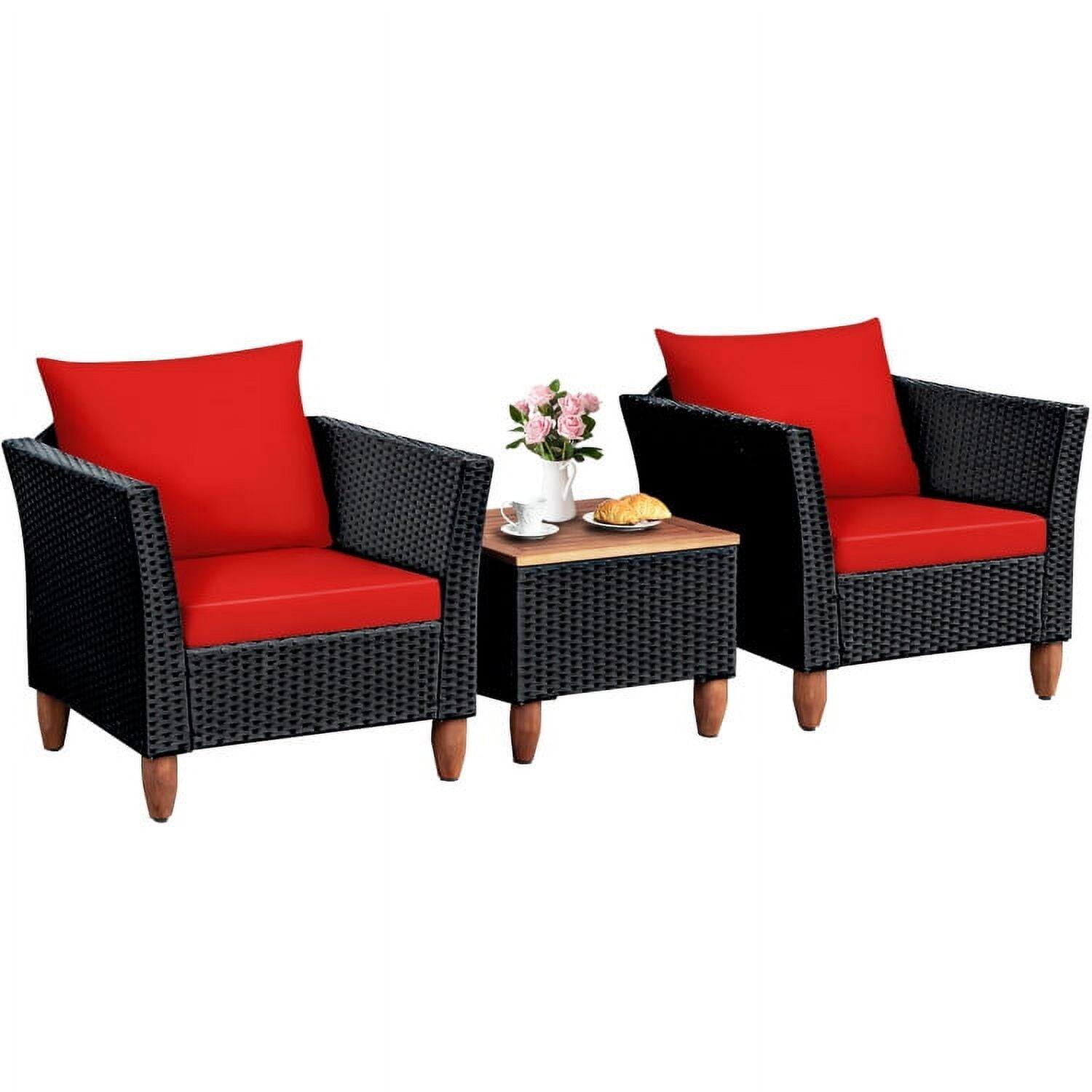 Left. Kadyn - 3 Pieces Outdoor Patio Rattan Furniture Set with Coffee Table and Cushions-Red - Red.