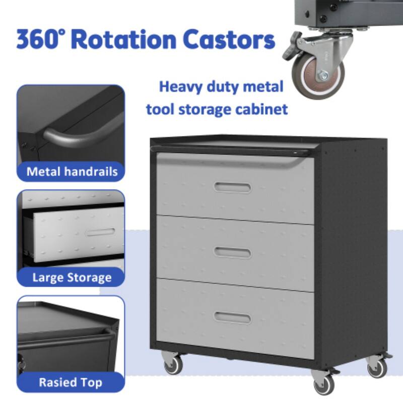 360° Rotation Castors  
Heavy duty metal tool storage cabinet  
Metal handrails  
Large Storage  
Rasied Top