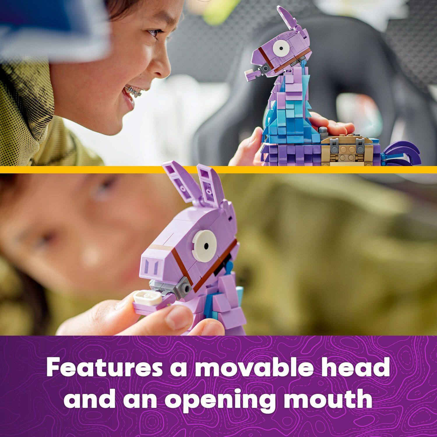 Features a movable head and an opening mouth.