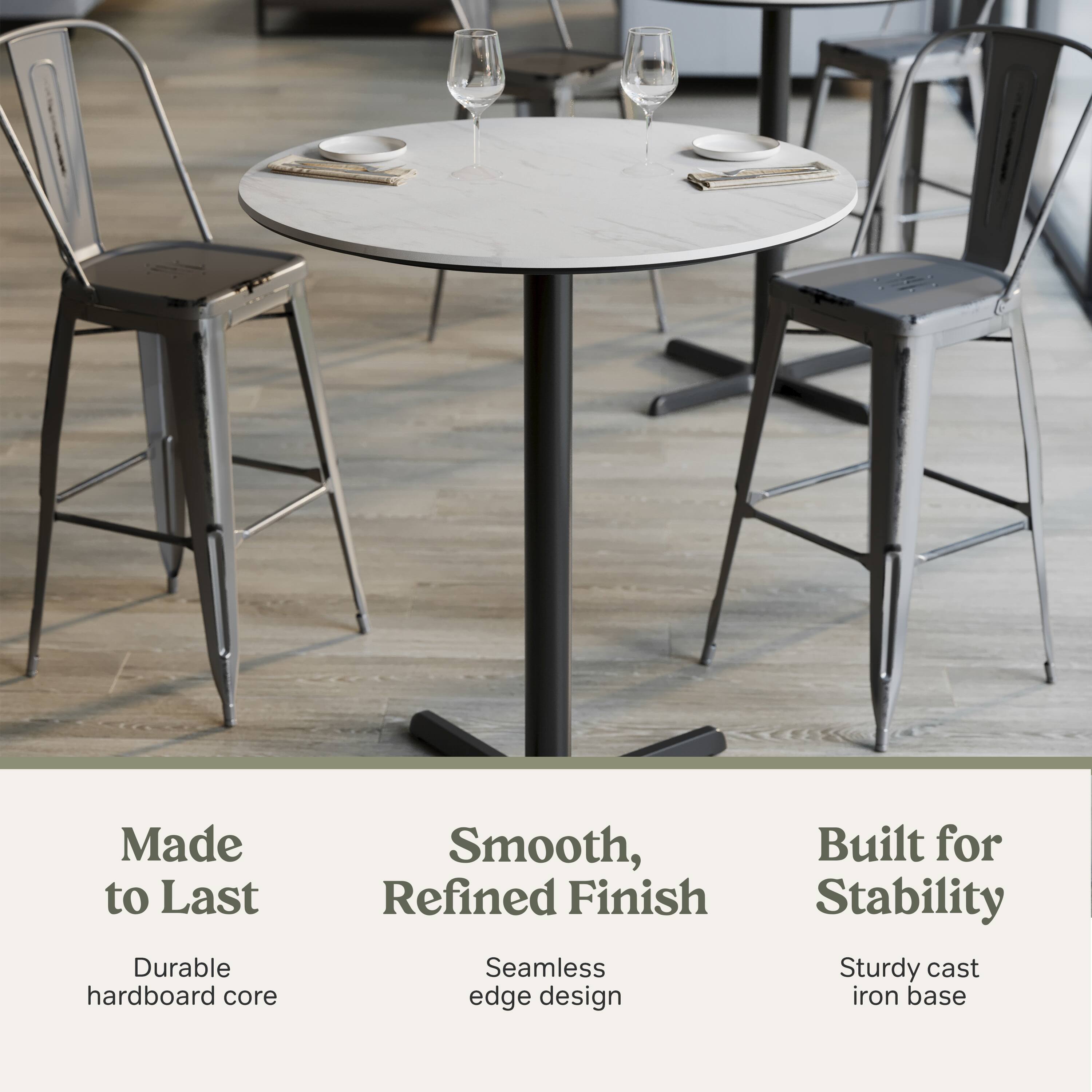 Made to Last  
Durable hardboard core  

Smooth, Refined Finish  
Seamless edge design  

Built for Stability  
Sturdy cast iron base