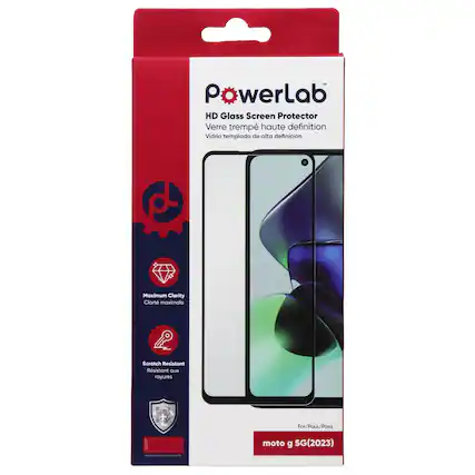 - PowerLab HD Glass Screen Protector
- Verre trempé haute définition
- Vidrio templado de alta definición
- Maximum Clarity
- Clarté maximale
- Scratch Resistant
- Résistant aux rayures
- For/Pour/Para moto g 5G(2023)