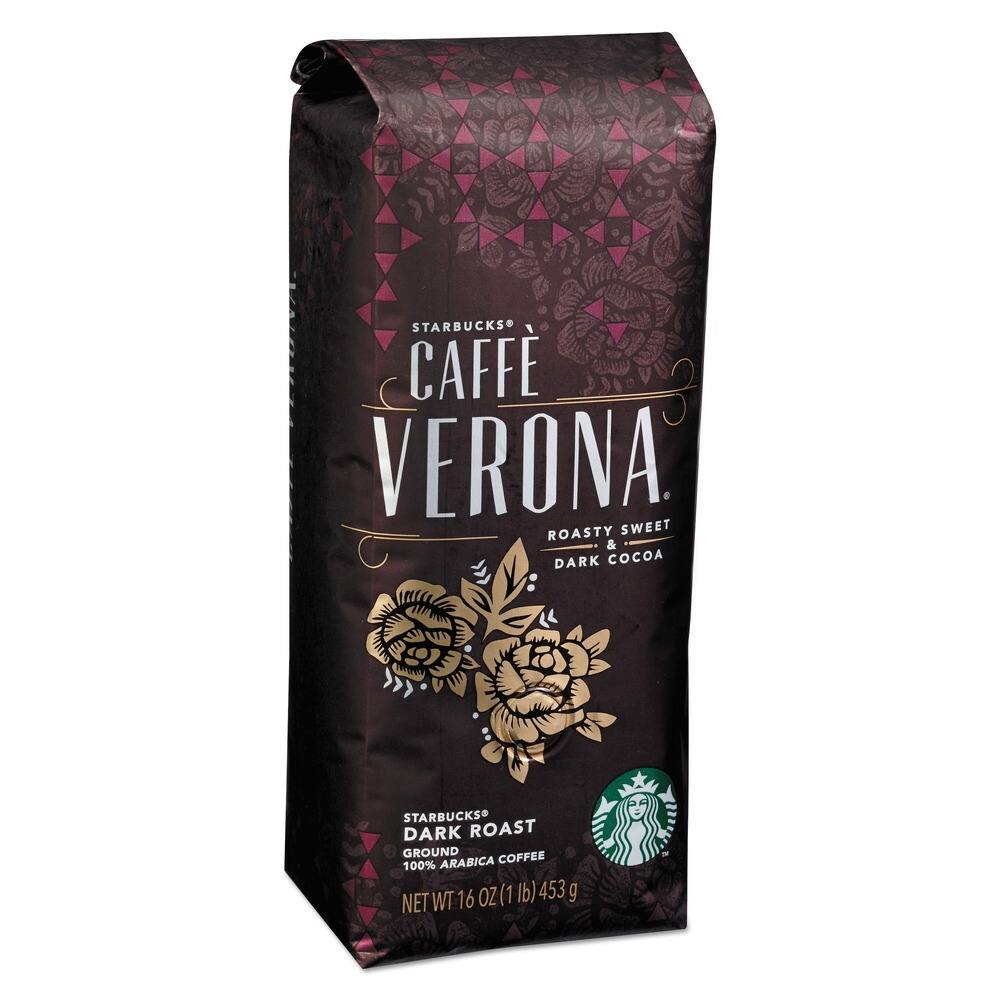 STARBUCKS  
CAFFE VERONA  
ROASTY SWEET & DARK COCOA  
STARBUCKS DARK ROAST GROUND COFFEE  
100% ARABICA  
16 OZ (1 lb) 453 g NET WT