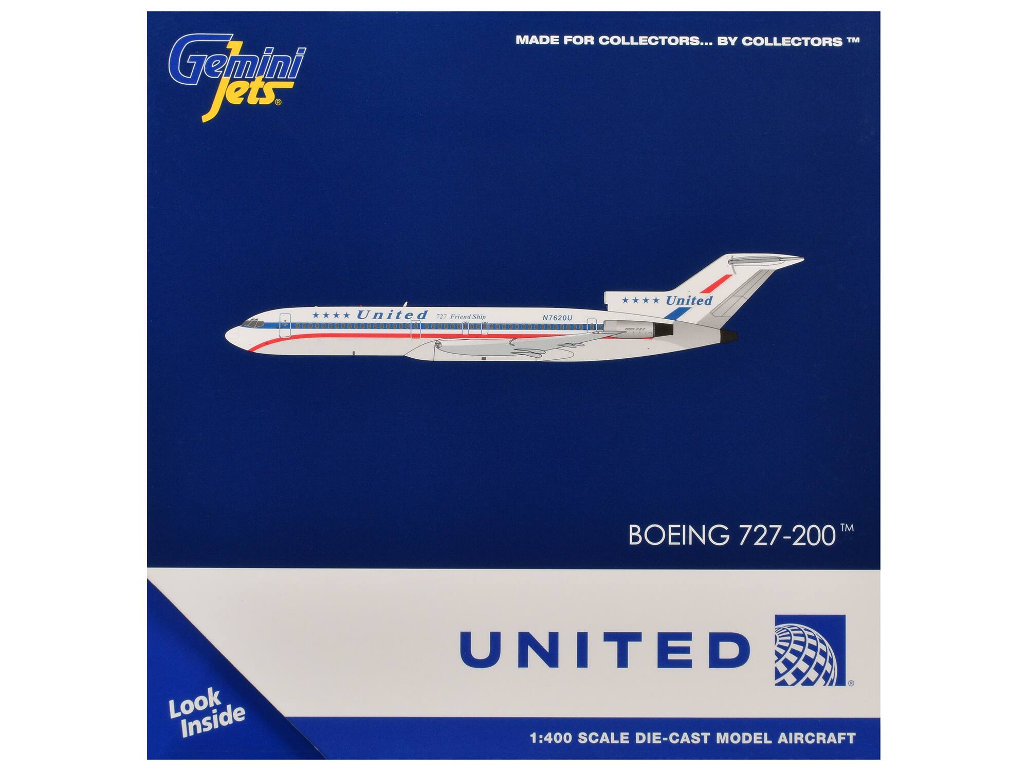 Gemini Jets. MADE FOR COLLECTORS... BY COLLECTORS™ United 127 Friend Ship - N/620U United™ BOEING 727-200 Look Inside UNITED 1:400 SCALE DIE-CAST MODEL AIRCRAFT