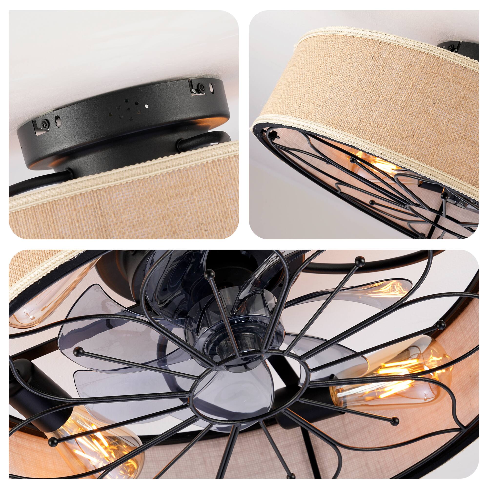 Alt View 5. Sofucor - 20" Caged Ceiling Fan With Light & Remote Low Profile Enclosed Farmhouse Bladeless Ceiling Fan Fans for Bedroom - Black 1.