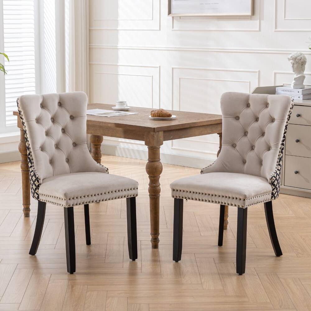 Alt View 10. Loheer - Loheer Velvet Dining Chairs Set of 2, Beige Tufted Upholstered Solid Wood High Back with Nailhead Trim - Beige.