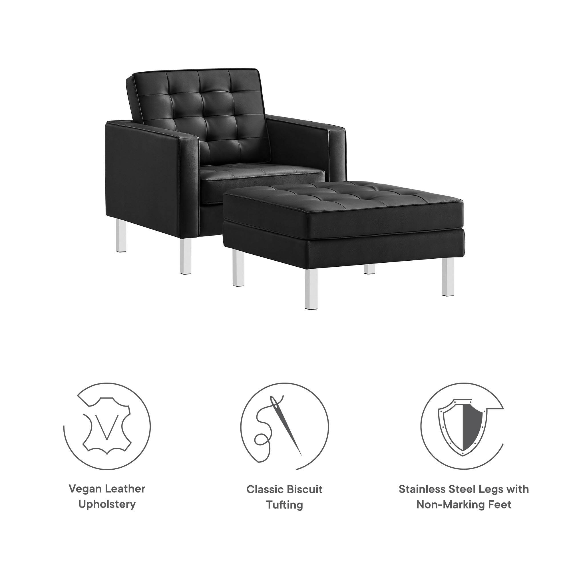 Vegan Leather Upholstery  
Classic Biscuit Tufting  
Stainless Steel Legs with Non-Marking Feet