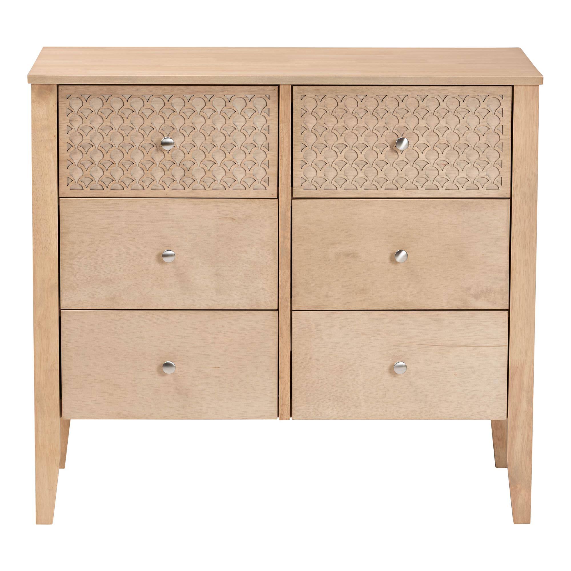 Left. Baxton Studio - Lara Dresser - 6-Drawer Bedroom Storage Chest with Laser-Cut Geometric Overlay for Clothing and Organization - Oak Brown.