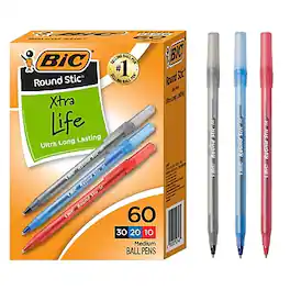 BIC America - BIC Round Stic Xtra-Life Ballpoint Pen, Medium Point, 1.0mm, Assorted Ink, 60/Pack (GSM609-AST)