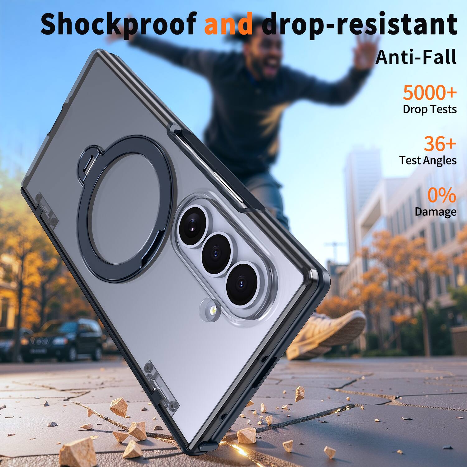 Shockproof and drop-resistant Anti-Fall  
5000+ Drop Tests  
36+ Test Angles  
0% Damage