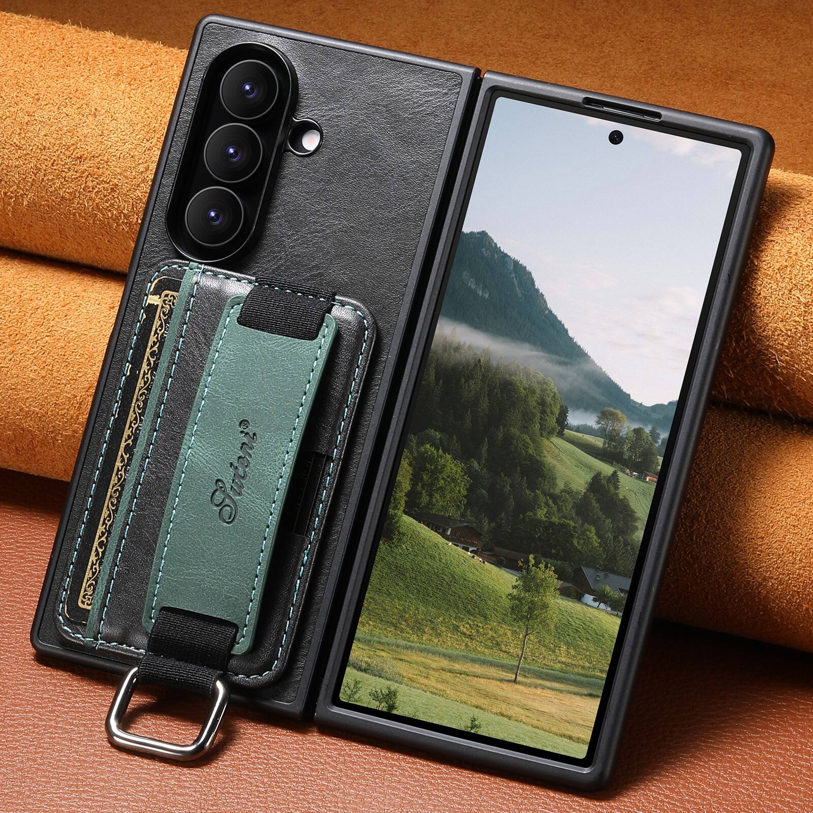 Alt View 1. Dteck - Wallet Case for Samsung Galaxy Z Fold 8 Ultra, Oil Wax PU Leather Retro Business Card Holder Wrist Strap Stand Cover - Black.