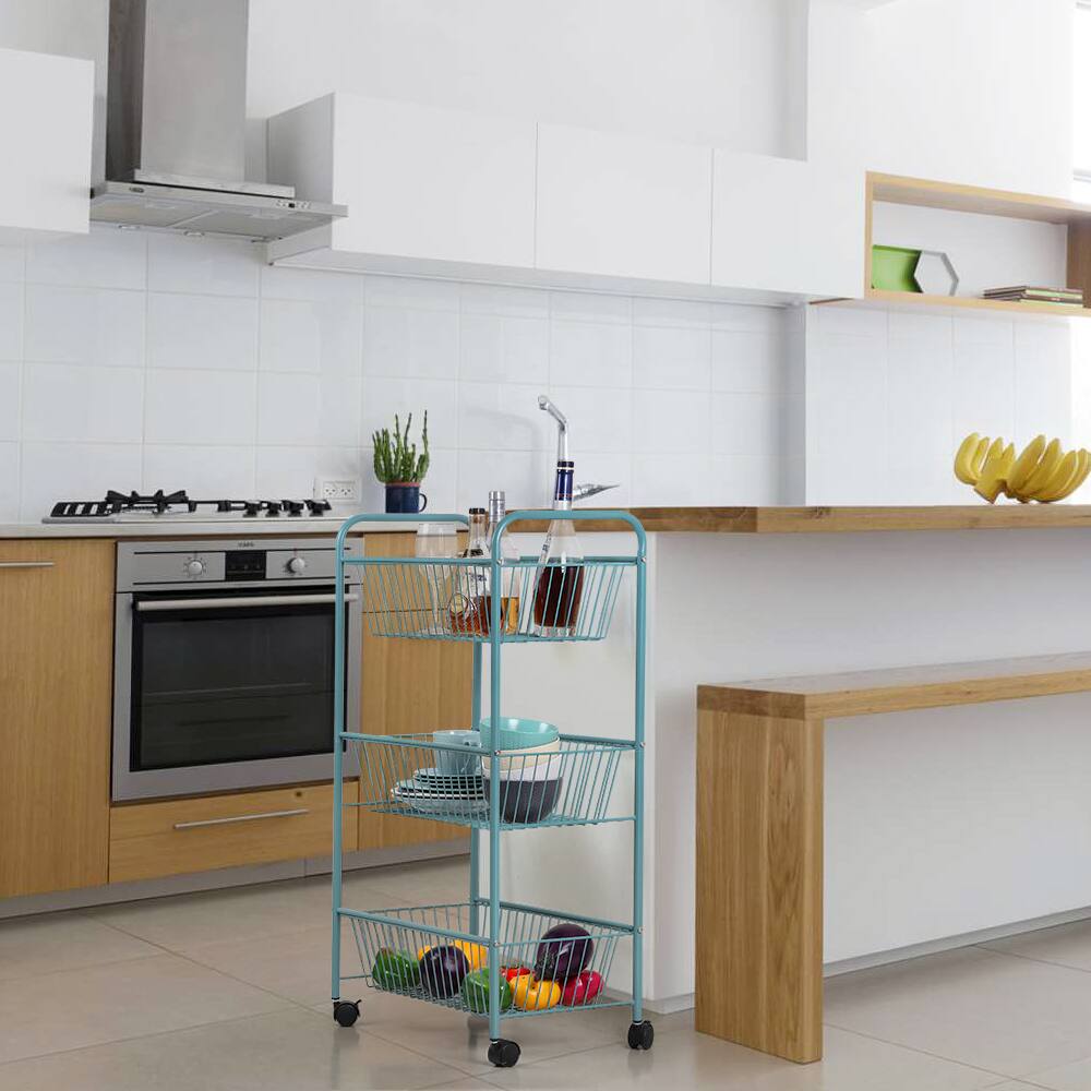 Alt View 2. Oumilen - 3-Tier Oversize Metal Rolling Storage Cart, Teal Wire Basket Utility Cart with Lockable Wheels for Kitchen Bathroom - Teal.