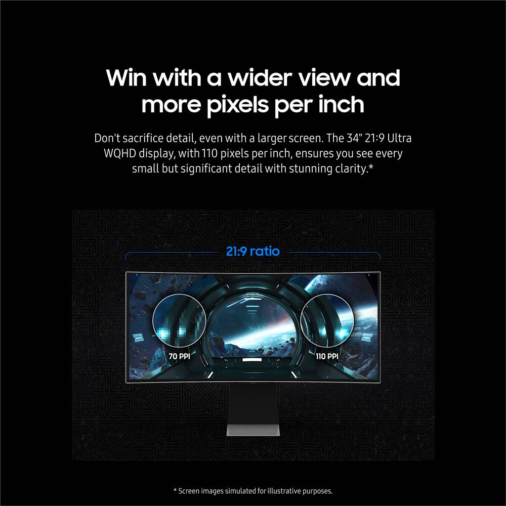 Win with a wider view and more pixels per inch. Don't sacrifice detail, even with a larger screen. The 34" 21:9 Ultra WQHD display, with 110 pixels per inch, ensures you see every small but significant detail with stunning clarity.
