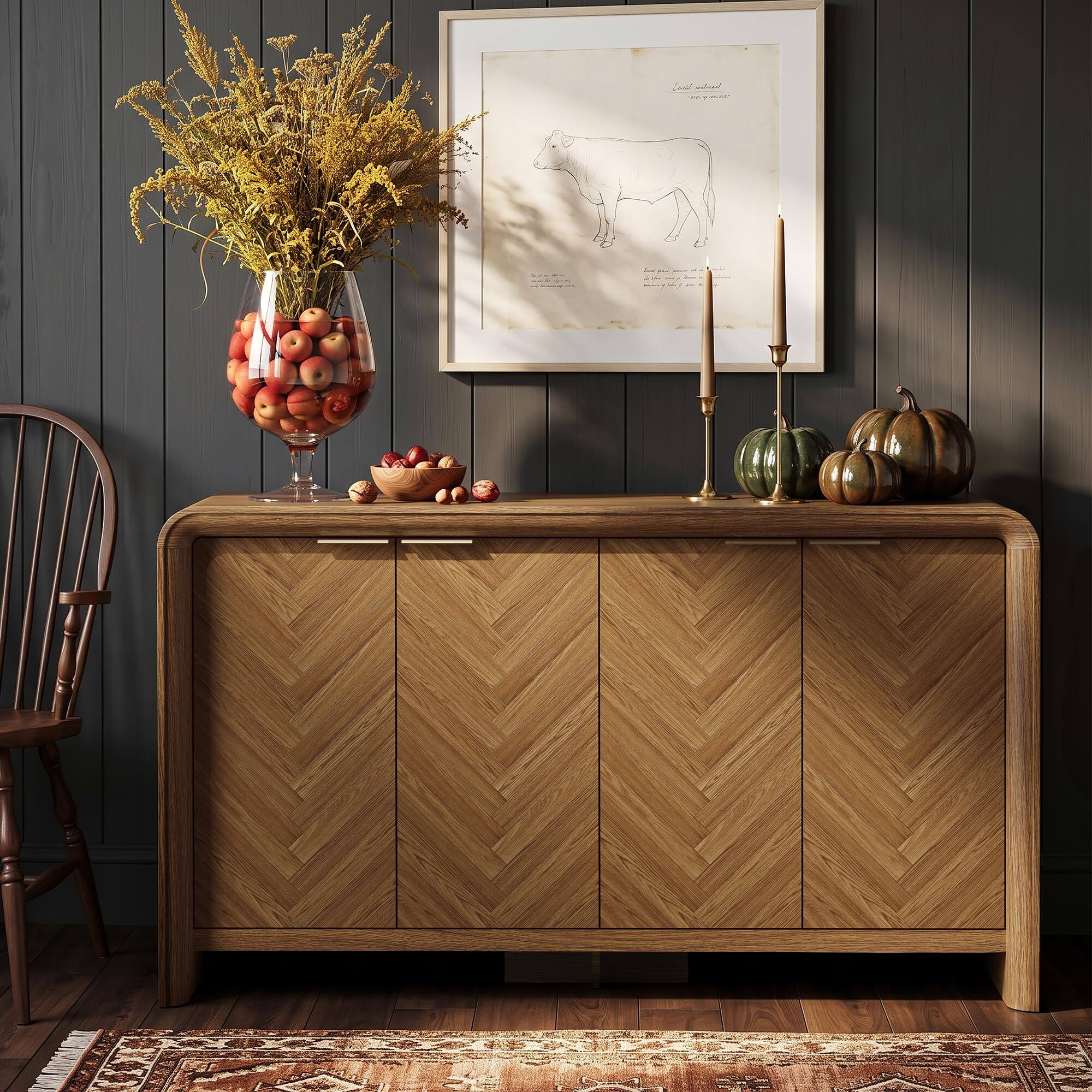 Alt View 4. paproos - 55" Buffet Cabinet with Storage, Modern Credenza with Adjustable Shelf, Herringbone Sideboard for Dining Room - Walnut.