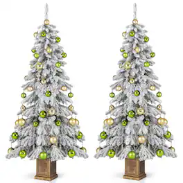 Gymax - 2PCS 6 ft Artificial Xmas Tree Hinged Christmas Tree w/ 589 Flocked Branch Tips - White, Green