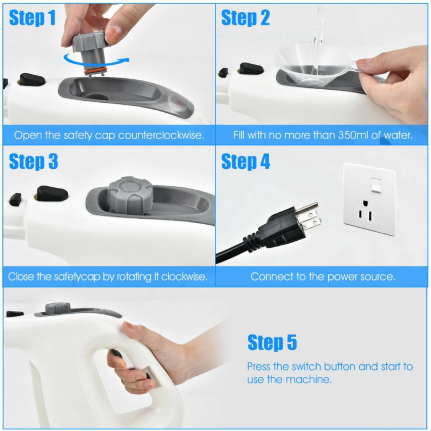 Step 1: Open the safety cap counterclockwise.

Step 2: Fill with no more than 350ml of water.

Step 3: Close the safety cap by rotating it clockwise.

Step 4: Connect to the power source.

Step 5: Press the switch button and start to use the machine.