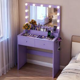 Winado - All-in-One Vanity Desk Glass Visual Desktop with Mirror & 3 Colors Lights & USB Ports Dressing Table - Purple