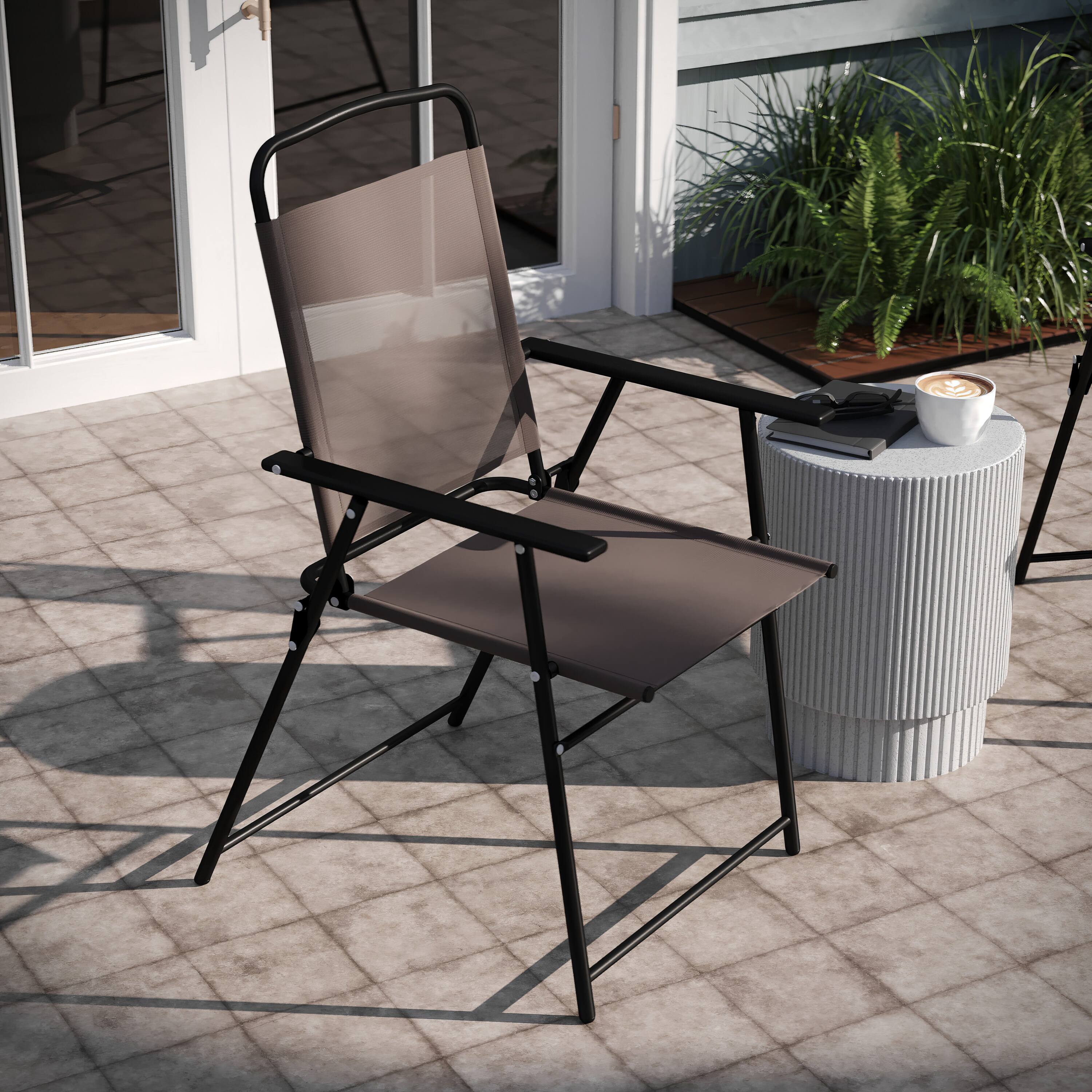 Alt View 4. Emma + Oliver - Munroe Set of 4 Textilene Folding Sling Style Patio Chairs with Armrests - Brown.