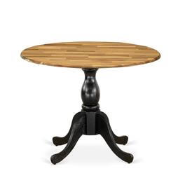 East West Furniture - Round Dinning Table with Drop Leaves - Natural Table Top and Black Pedestal Leg Finish - Multi-Color